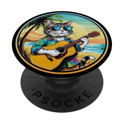 Lustige Katze spielt Gitarre am Strand PopSockets Klebender PopGrip Lustige Katze spielt Gitarre am Strand PopSockets Klebender PopGrip von Chillin Kitten Tropical Summer Clothing Co.