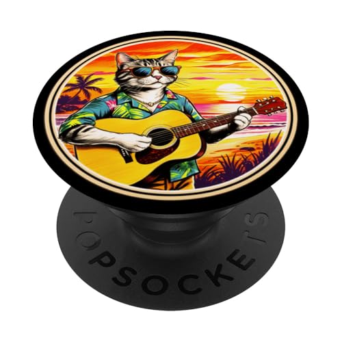 Lustige Katze spielt Gitarre am Strand PopSockets Klebender PopGrip Lustige Katze spielt Gitarre am Strand PopSockets Klebender PopGrip von Chillin Kitten Tropical Summer Clothing Co.
