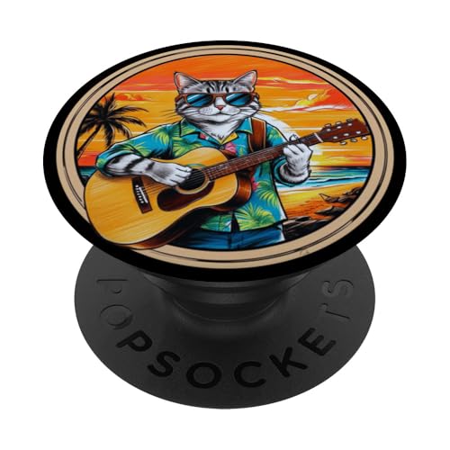 Lustige Katze spielt Gitarre am Strand PopSockets Klebender PopGrip Lustige Katze spielt Gitarre am Strand PopSockets Klebender PopGrip von Chillin Kitten Tropical Summer Clothing Co.