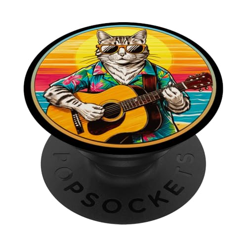 Lustige Katze spielt Gitarre am Strand PopSockets Klebender PopGrip von Chillin Kitten Tropical Summer Clothing Co.