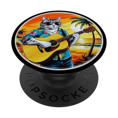 Lustige Katze spielt Gitarre am Strand PopSockets Klebender PopGrip von Chillin Kitten Tropical Summer Clothing Co.