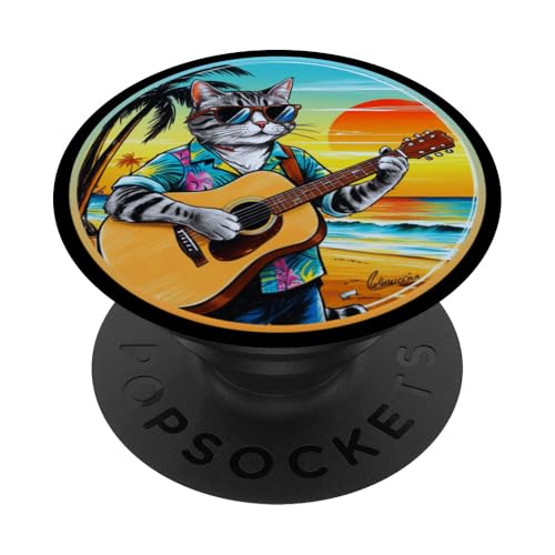 Lustige Katze spielt Gitarre am Strand PopSockets Klebender PopGrip von Chillin Kitten Tropical Summer Clothing Co.