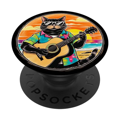 Lustige Katze spielt Gitarre am Strand PopSockets Klebender PopGrip von Chillin Kitten Tropical Summer Clothing Co.