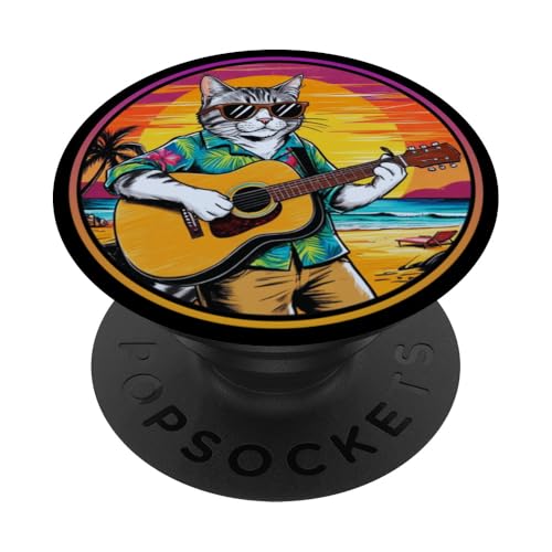 Lustige Katze spielt Gitarre am Strand PopSockets Klebender PopGrip von Chillin Kitten Tropical Summer Clothing Co.