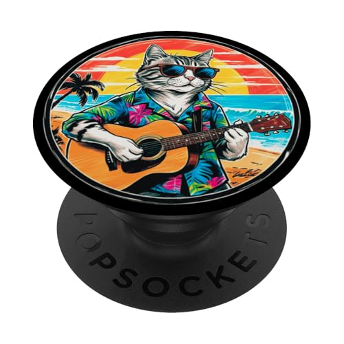 Lustige Katze spielt Gitarre am Strand PopSockets Klebender PopGrip von Chillin Kitten Tropical Summer Clothing Co.