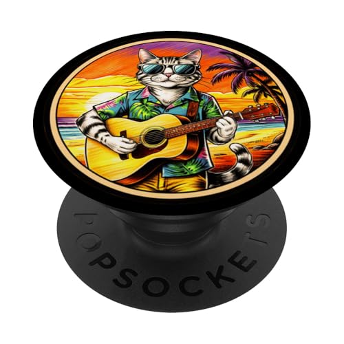 Lustige Katze spielt Gitarre am Strand PopSockets Klebender PopGrip von Chillin Kitten Tropical Summer Clothing Co.