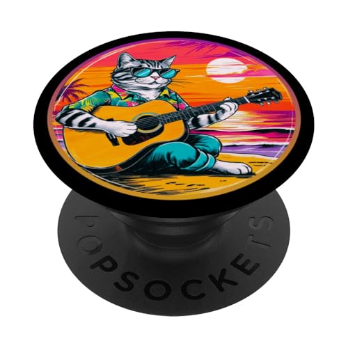 Lustige Katze spielt Gitarre am Strand PopSockets Klebender PopGrip von Chillin Kitten Tropical Summer Clothing Co.