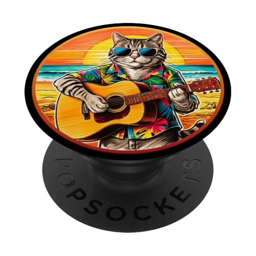 Lustige Katze spielt Gitarre am Strand PopSockets Klebender PopGrip von Chillin Kitten Tropical Summer Clothing Co.