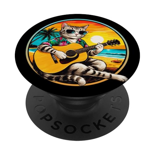 Lustige Katze spielt Gitarre am Strand PopSockets Klebender PopGrip von Chillin Kitten Tropical Summer Clothing Co.