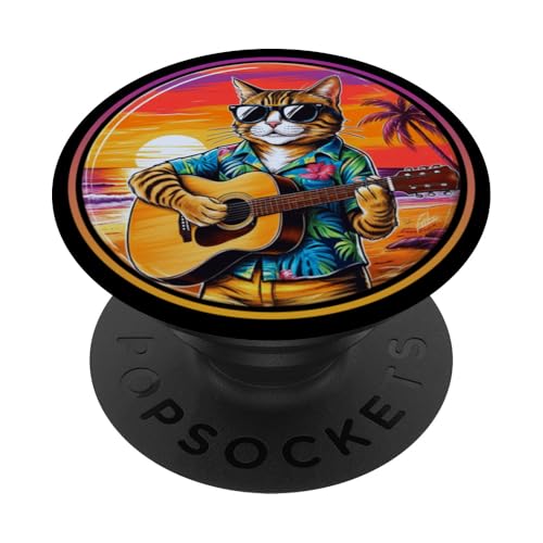 Lustige Katze spielt Gitarre am Strand PopSockets Klebender PopGrip von Chillin Kitten Tropical Summer Clothing Co.