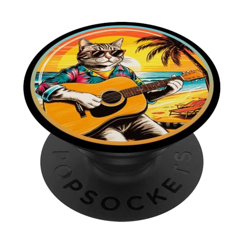 Lustige Katze spielt Gitarre am Strand PopSockets Klebender PopGrip von Chillin Kitten Tropical Summer Clothing Co.