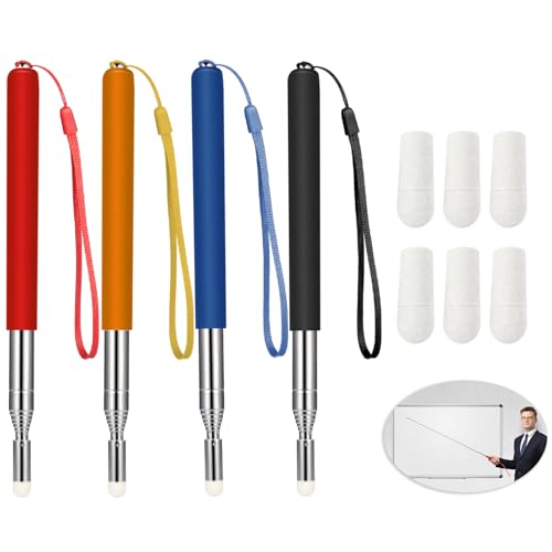 Chinco Ausziehbarer Lehrerpointer für Klassenzimmer, Whiteboard, Teleskop-Zeiger mit Schlüsselbändern und 6 extra Filzspitzen für Lehrer, Trainer (99 cm), 4 Stück von Chinco