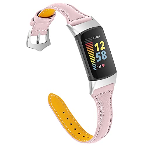 Chofit Armband kompatibel mit Fitbit Charge 5 Armband, schlankes Leder, Blumendruck-Armband, Ersatzarmband, verstellbares Armband für Charge 5 Activity Tracker (Rosa) von Chofit