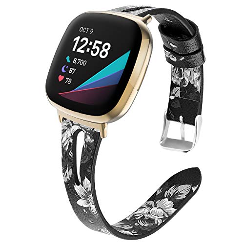 Chofit Ersatzriemen kompatibel mit Fitbit Versa 3 Armband, schmale Lederbänder Armbänder für Frauen Mädchen für Versa 3/Sense Smartwatch (schwarz + weiß) von Chofit