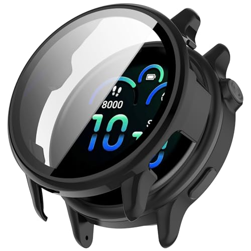 Chofit Hüllen Kompatibel für Garmin Vivoactive 6 Displayschutzfolie, PC Schutzhülle mit HD Panzerglasfolie Rundumschutz Smartwatch Zubehör (Glänzend Schwarz) von Chofit