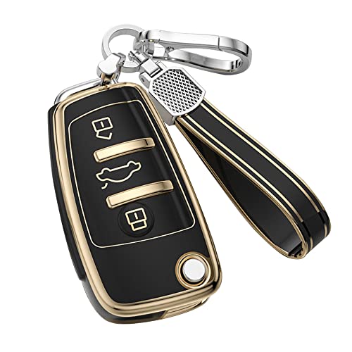 KUNIO Klapp Autoschlüssel Hülle Cover Passt für Audi C5 C6 R8 A1 A3 A4 A5 A6 A7 Q3 Q5 Q7 S6 B6 B7 B8 8P 8V 8L TPU Schlüsselhülle Schlüsselanhänger Schlüssel Etui Schlüsselbox 3 Tasten Schwarz von Cholung
