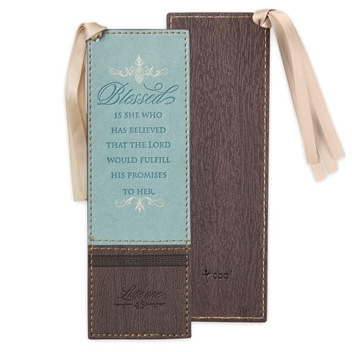 Christian Art Gifts Lesezeichen aus veganem Kunstleder für Frauen: Blessed is She - Luke 1:45 inspirierender Bibelvers wärmegeprägt, auf Glauben basiertes Lesebuch-Zubehör mit Satinquaste, Blau von Christian Art Gifts