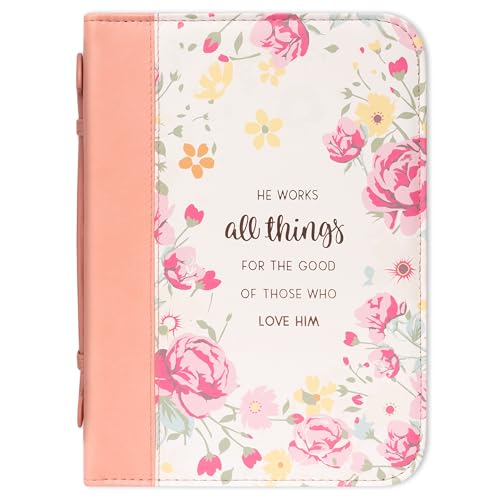 Christian Art Gifts Damen Fashion Bibelhülle He Works All Things for Good Romans 8:28, Pfirsich Floral Kunstleder, Medium von Christian Art Gifts