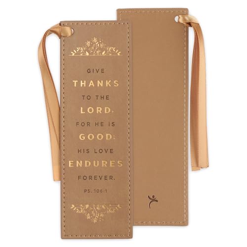 Christian Art Gifts Hellbraunes Kunstleder-Lesezeichen mit Blumenmuster für Damen: Give Thanks - Psalm 106:1 inspirierender Bibelvers, wärmegeprägte und goldene Akzente mit hellsandigem Satinband, von Christian Art Gifts