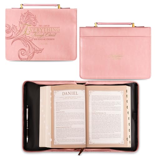 Christian Art Gifts Pink & Gold Floral Kunstleder Mode Bibelhülle für Frauen: Everything Through Christ - Phil. 4:13 Inspirierende Schrift mit Ärmeln, Tasche, Stiftschlaufen zum Organisieren, Rosa, von Christian Art Gifts