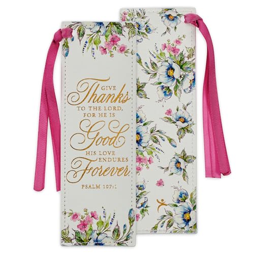 Christian Art Gifts Premium Lesezeichen aus veganem Leder für Frauen: Give Thanks - Ps. 107:1 inspirierender Bibelvers, cremiges Blumenmuster von Christian Art Gifts