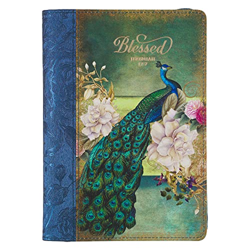 Christian Art Gifts Scripture Journal Blue/Peacock Printed Blessed Jeremiah 17:7 Bible Verse Inspirational Faux Leather Notebook, Zipper Closure, 336 Linierte Seiten, Ribbon von Christian Art Gifts