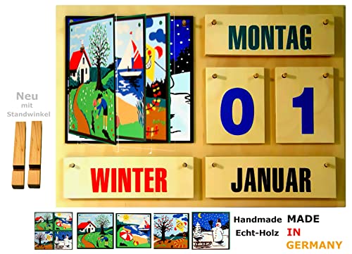 TISCH- und WANDKALENDER | Bunte Schrift | Mit Standwinkel | VIER JAHRESZEITEN | LERN- UND DAUERKALENDER aus HOLZ | Made in Germany | Für Schule, Kindergarten, Seniorenheim oder auch ZUHAUSE | Handmade von Christophorus-Werkstätten