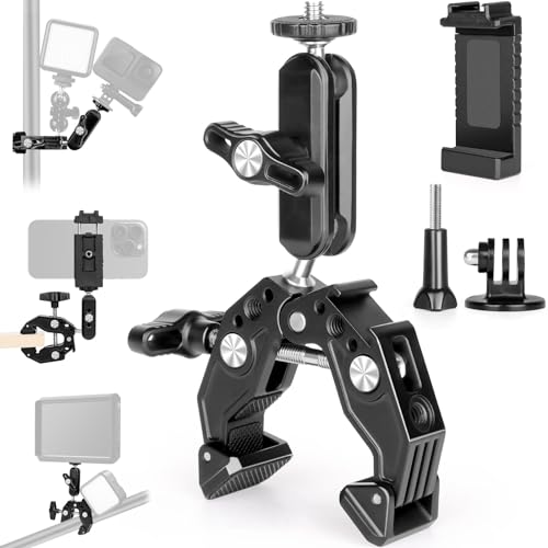 ChromLives Super Clamp mit 360° Kugelkopfarm,Super Klemme mit Cold Shoe，1/4" Gewinde，Action Kamera Adapter，Handyhalterung für Tisch Stativ Rohr Crossbar Kompatibel mit Gopro,Kamera, Handy, Insta360 von ChromLives