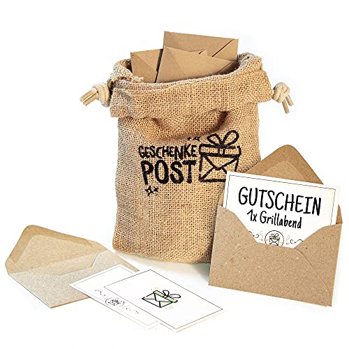 Geschenkepost Postsack mit 12 Briefumschlägen für Geldgeschenk oder Gutscheine, ein Beutel bedruckt aus Jute, 12 Umschläge aus Kraftpapier, Selbstklebend, inkl. 12 Kärtchen von Chroma Products
