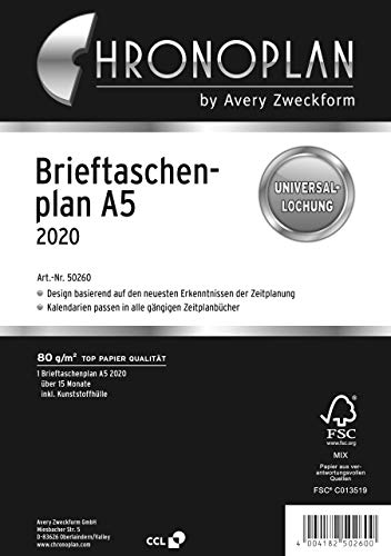 Chronoplan 50260 Kalendereinlage 2020 (Brieftaschenplan A5 (156 x 210 mm), Ersatzkalendarium, Universallochung zum Einhängen in A5-Ringmechanik (15 Monate, 1 Monat auf 2 Seiten)) weiß von Chronoplan