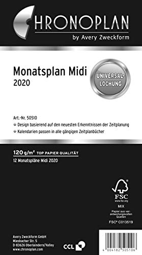 Chronoplan 50510 Kalendereinlage 2020 (Monatsplan Midi (96 x 172 mm), Ersatzkalendarium, ideal für übersichtliche Monatsplanung, Universallochung (zum Ausklappen)) weiß von Chronoplan