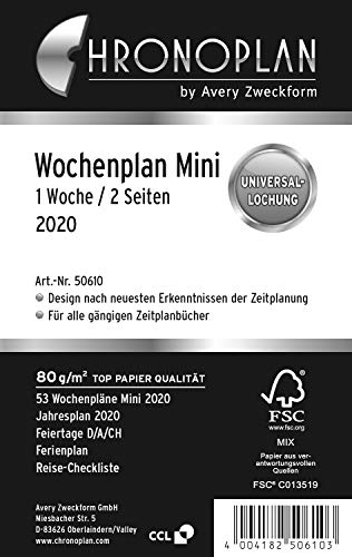 Chronoplan 50610 Kalendereinlage 2020 (Wochenplan Mini in Zeilen (79 x 125 mm), Ersatzkalendarium, ideal für detaillierte Wochenplanung, Universallochung (1 Woche auf 2 Seiten)) weiß von Chronoplan