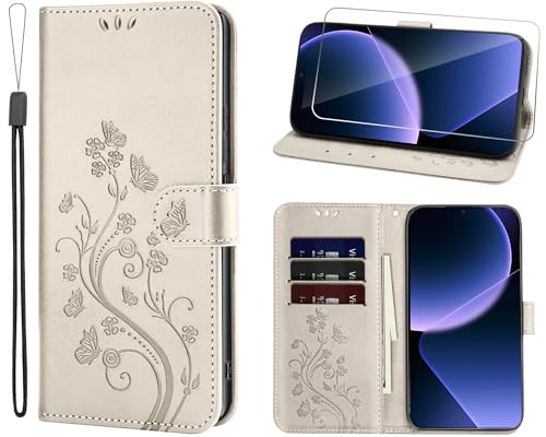 Ciciber Ttusy Handyhülle für Samsung Galaxy A14 5G/4G Hülle Premium PU Leder, Klappbar Schutzhülle und Schutzfolie, Flip Wallet Case stoßfest Tasche mit Kartenfach Klapphülle Motiv, Gold von Ciciber Ttusy