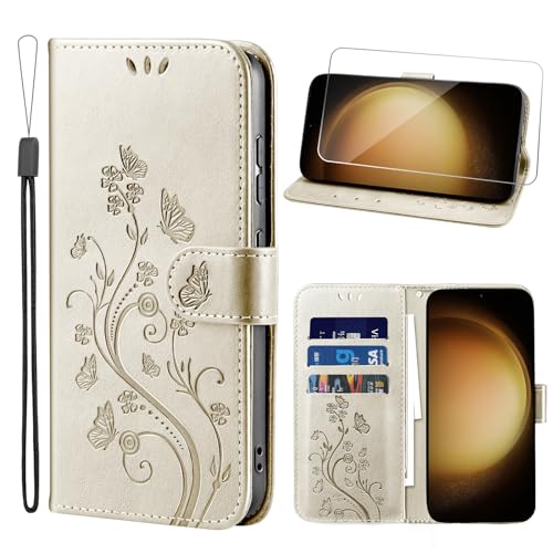 Ciciber Ttusy Handyhülle für Samsung Galaxy S24 Plus Hülle Premium PU Leder, Klappbar Schutzhülle und Schutzfolie, Flip Wallet Case stoßfest Tasche mit Kartenfach Klapphülle Motiv, Gold von Ciciber Ttusy