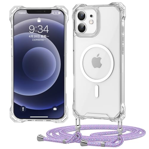 Ciciber Ttusy Handykette Hülle für iPhone 12/12 Pro mit Band, Transparente Blumen Magnetisch Handyhülle [Kompatibel mit Magsafe] mit Kordel zum Umhängen Necklace Hülle - Lila Regenbogen von Ciciber Ttusy