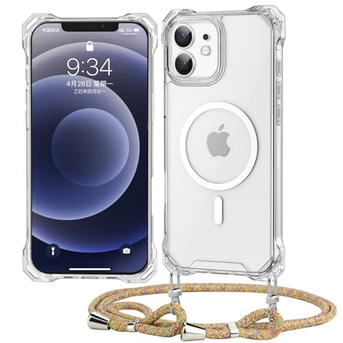 Ciciber Ttusy Handykette Hülle für iPhone 12/12 Pro mit Band, Transparente Blumen Magnetisch Handyhülle [Kompatibel mit Magsafe] mit Kordel zum Umhängen Necklace Hülle - Regenbogen von Ciciber Ttusy