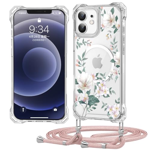 Ciciber Ttusy Handykette Hülle für iPhone 12/12 Pro mit Band, Transparente Blumen Magnetisch Handyhülle [Kompatibel mit Magsafe] mit Kordel zum Umhängen Necklace Hülle für iPhone 12/12 Pro - Roségold von Ciciber Ttusy