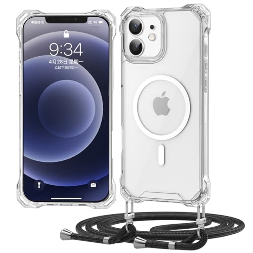 Ciciber Ttusy Handykette Hülle für iPhone 12/12 Pro mit Band, Transparente Blumen Magnetisch Handyhülle [Kompatibel mit Magsafe] mit Kordel zum Umhängen Necklace Hülle für iPhone 12/12 Pro - Schwarz von Ciciber Ttusy