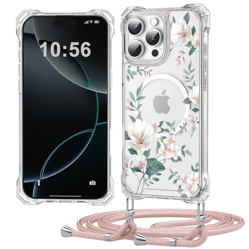 Ciciber Ttusy Handykette Hülle für iPhone 15 Pro Max mit Band, Transparente Blumen Handyhülle [Kompatibel mit Magsafe] mit Kordel zum Umhängen Necklace Hülle für iPhone 15 Pro Max - Roségold von Ciciber Ttusy