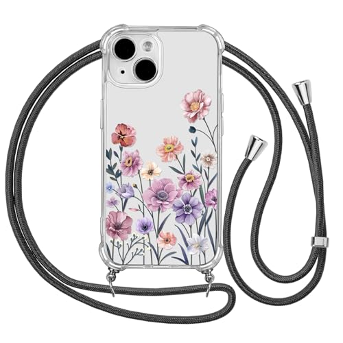 Ciciber Ttusy Handykette Hülle für iPhone 15 mit Band, Stoßfest Durchsichtig Muster Blumen Case Weiches Silikon Schutzhülle mit Kordel zum Umhängen Necklace HandyHülle für iPhone 15, 04 von Ciciber Ttusy