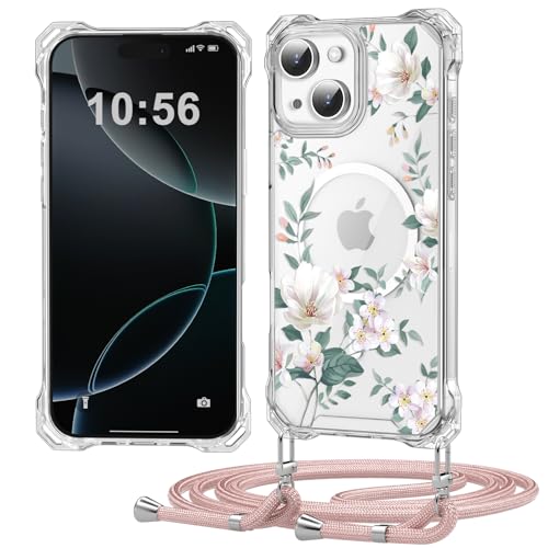 Ciciber Ttusy Handykette Hülle für iPhone 15 mit Band, Transparente Blumen Magnetisch Handyhülle [Kompatibel mit Magsafe] mit Kordel zum Umhängen Necklace Hülle für iPhone 15 - Roségold von Ciciber Ttusy