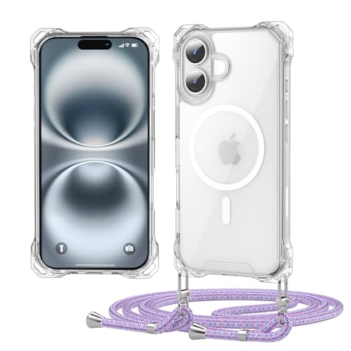 Ciciber Ttusy Handykette Hülle für iPhone 16 mit Band, Magsafe PC Zurück Schutzhülle HandyHülle mit Kordel zum Umhängen Necklace Hülle für iPhone 16 - Lila Regenbogen von Ciciber Ttusy