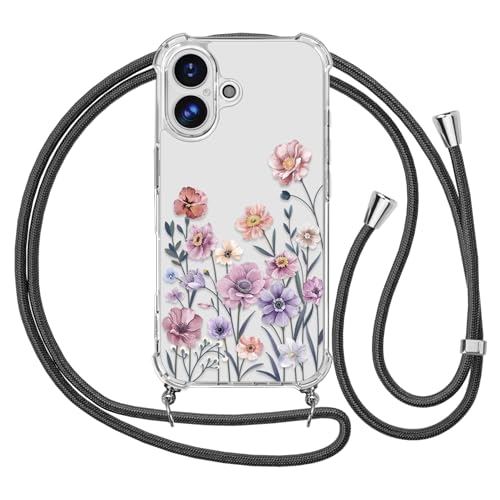 Ciciber Ttusy Handykette Hülle für iPhone 16 mit Band, Stoßfest Durchsichtig Muster Blumen Case Weiches Silikon Schutzhülle mit Kordel zum Umhängen Necklace HandyHülle für iPhone 16, 04 von Ciciber Ttusy