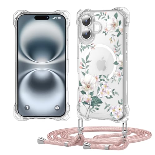 Ciciber Ttusy Handykette Hülle für iPhone 16 mit Band, Transparente Blumen Magnetisch Handyhülle [Kompatibel mit Magsafe] mit Kordel zum Umhängen Necklace Hülle für iPhone 16 - Roségold von Ciciber Ttusy