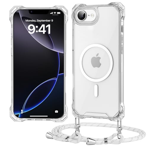 Ciciber Ttusy Handykette Hülle für iPhone 16e mit Band, Transparente Blumen Magnetisch Handyhülle [Kompatibel mit Magsafe] mit Kordel zum Umhängen Necklace Hülle für iPhone 16e - Weiß von Ciciber Ttusy