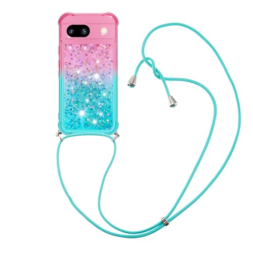 Ciciber Ttusy Handykette für Google Pixel 7A Hülle mit Band, Handyhülle Google Pixel 7A mit Kette Glitzer Transparent Bumper Schutzhülle mit Kordel zum Umhängen, Treibsand Necklace Hülle, Rosa Blau von Ciciber Ttusy