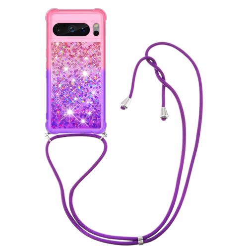 Handykette für Google Pixel 8 Pro Hülle mit Band, Handyhülle Google Pixel 8 Pro mit Kette Glitzer Transparent Bumper Schutzhülle mit Kordel zum Umhängen, Treibsand Necklace Hülle, Rosa Lila von Ciciber Ttusy