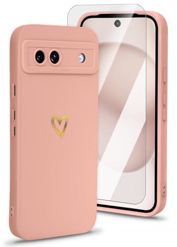 CICIBER Silikonhülle für Google Pixel 8A, mit Displayschutzfolie, für Frauen und Mädchen, seidig-weiches TPU, stoßfest, mit goldenem Herzmuster, Rosa von Ciciber