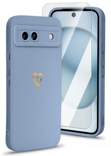 Ciciber Handyhülle für Google Pixel 8A Silikon Hülle mit Displayschutz, Gold Herz Muster Mädchen Handyhülle Kameraschutz Kratzfest Stoßfest Schutzhülle für Google Pixel 8A, Graublau von Ciciber