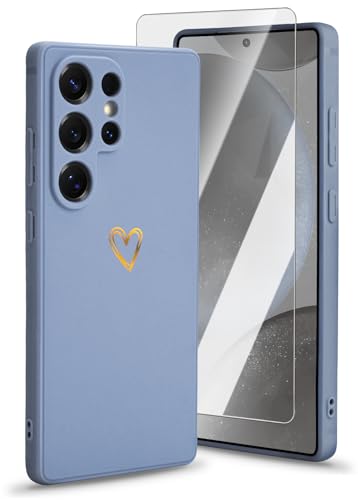 Ciciber Handyhülle für Samsung Galaxy S25 Ultra Silikon Hülle mit Displayschutz, Gold Herz Muster Mädchen Handyhülle Kameraschutz Kratzfest Stoßfest Schutzhülle für Samsung Galaxy S25 Ultra, Graublau von Ciciber